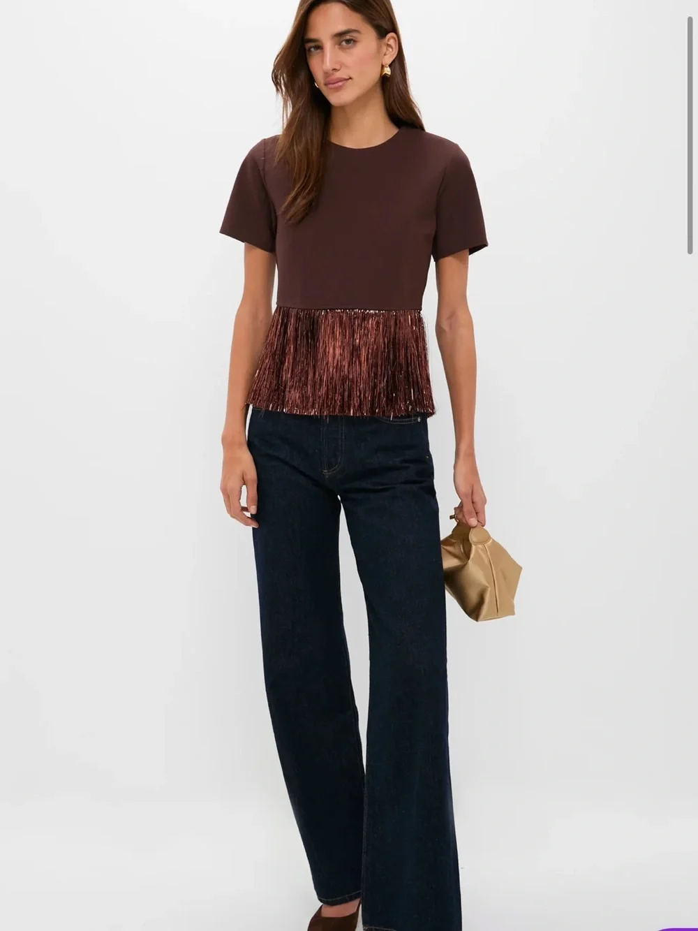 HYACINTH HOUSE :: NWT :: Bronze Metallic Fringe Short Sleeve Top - Picture 2 of 8